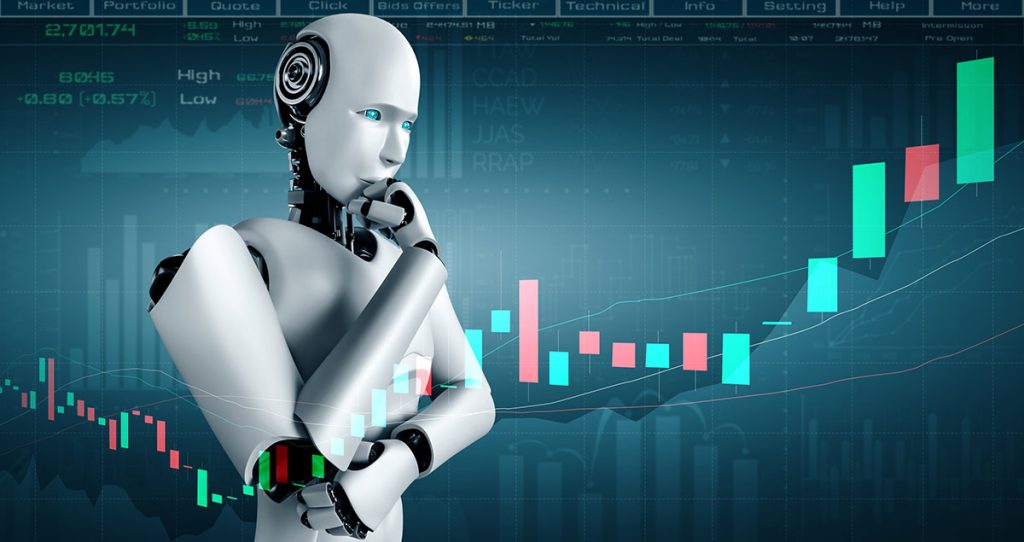 Gondolkodó pózban álló humanoid robot gyertyás árfolyamgrafikon előtt