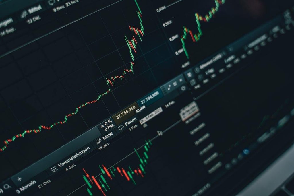 Kereskedési platform képernyője gyertyás árfolyamgrafikonokkal